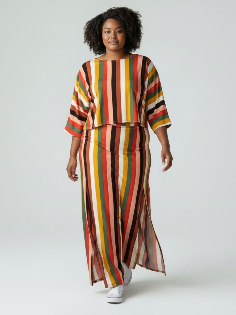 Eloquii Vertical Multicolor Stripe Top and Maxi Skirt — Rust, Green & Yellow